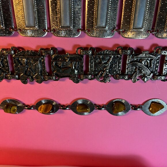 3 Bracelets * Tiger Eye Teeth Silver tone* Celluloid Blue Rectangles* Egyptian - Picture 6 of 15